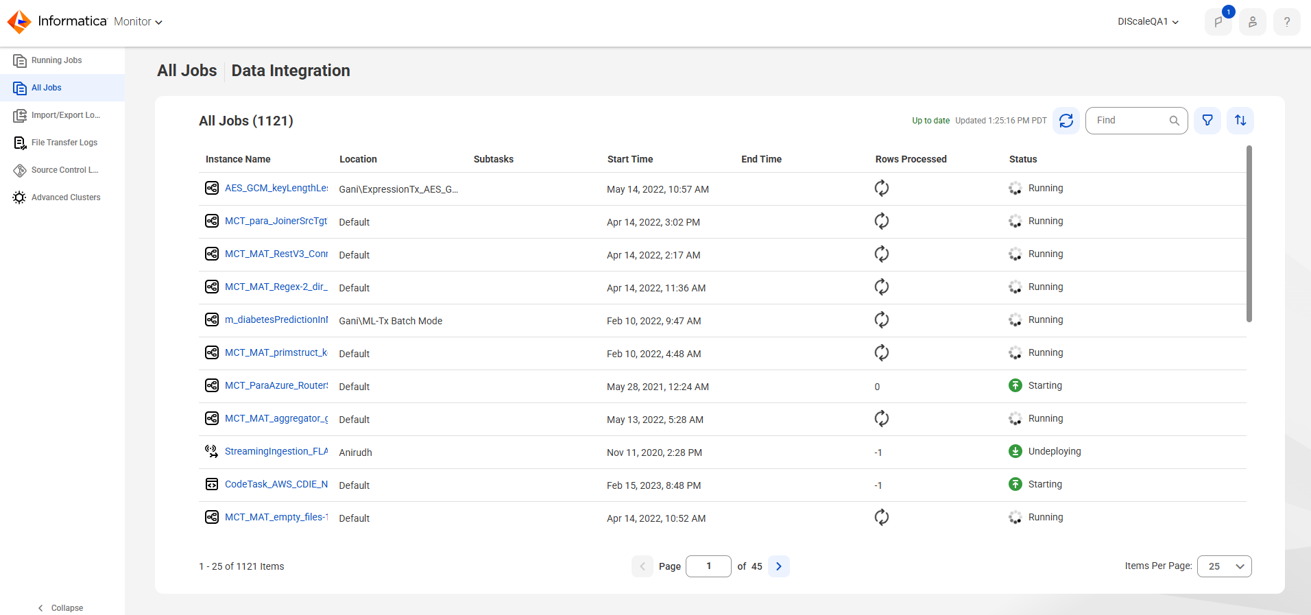 For mapping, task, and taskflow instances, the All Jobs page displays the following properties for each job: Instance Name, Location, Subtasks, Start Time, End Time, Rows Processed, and Status.