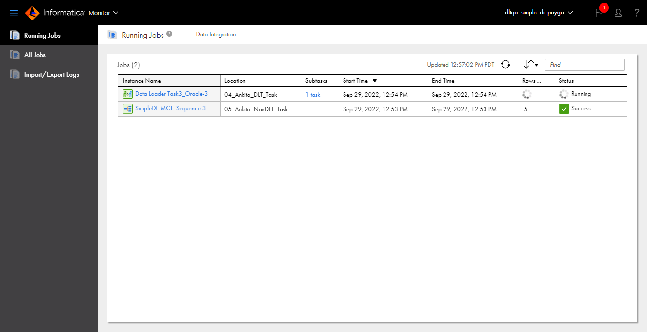 In this image, the Running Jobs page lists the jobs that are running or have completed in the last five minutes. By default, the page lists the instance name, location, subtasks, start time, end time, number of rows processed, and status for each job.