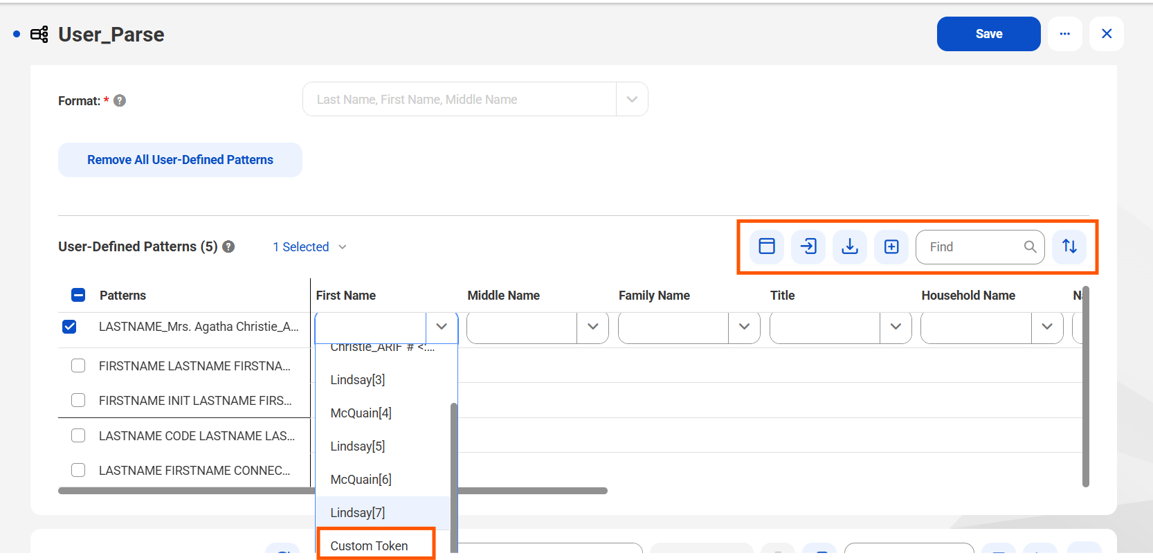 You see the Custom token options and the other new options in pre-built parser mode.