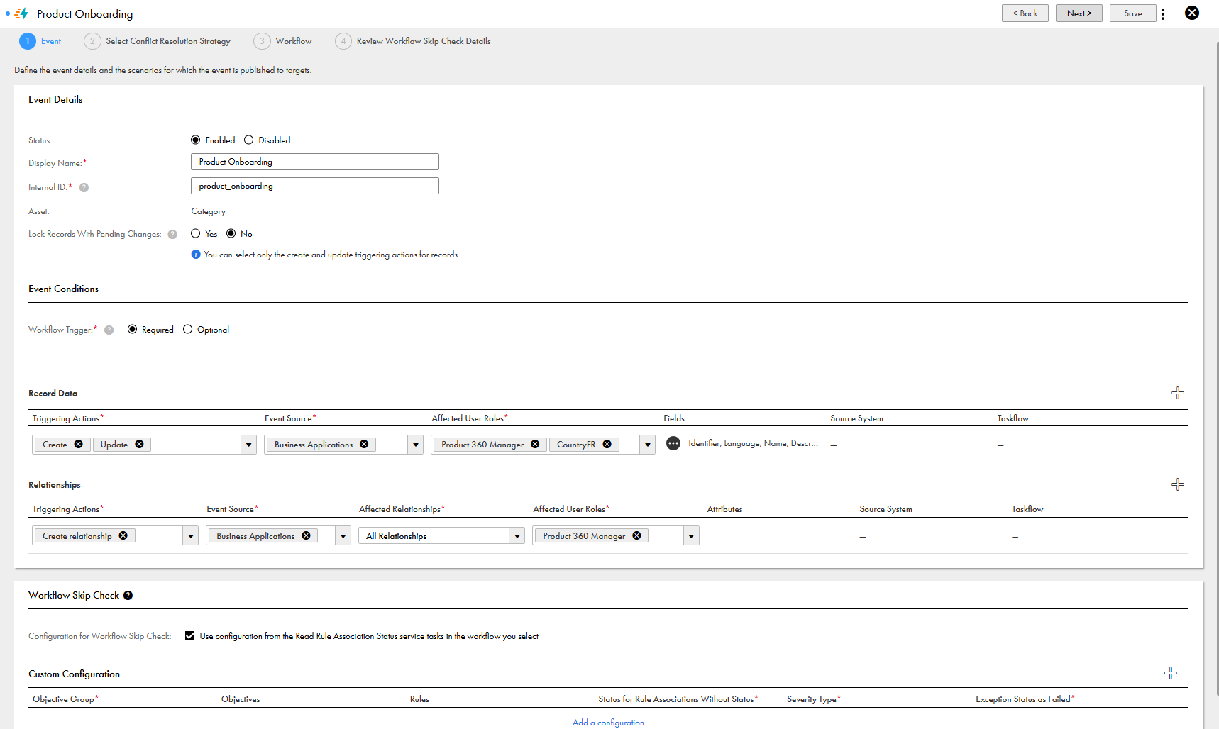 A business event for product onboarding, showing configuration for basic details, event conditions, and workflow skip check.