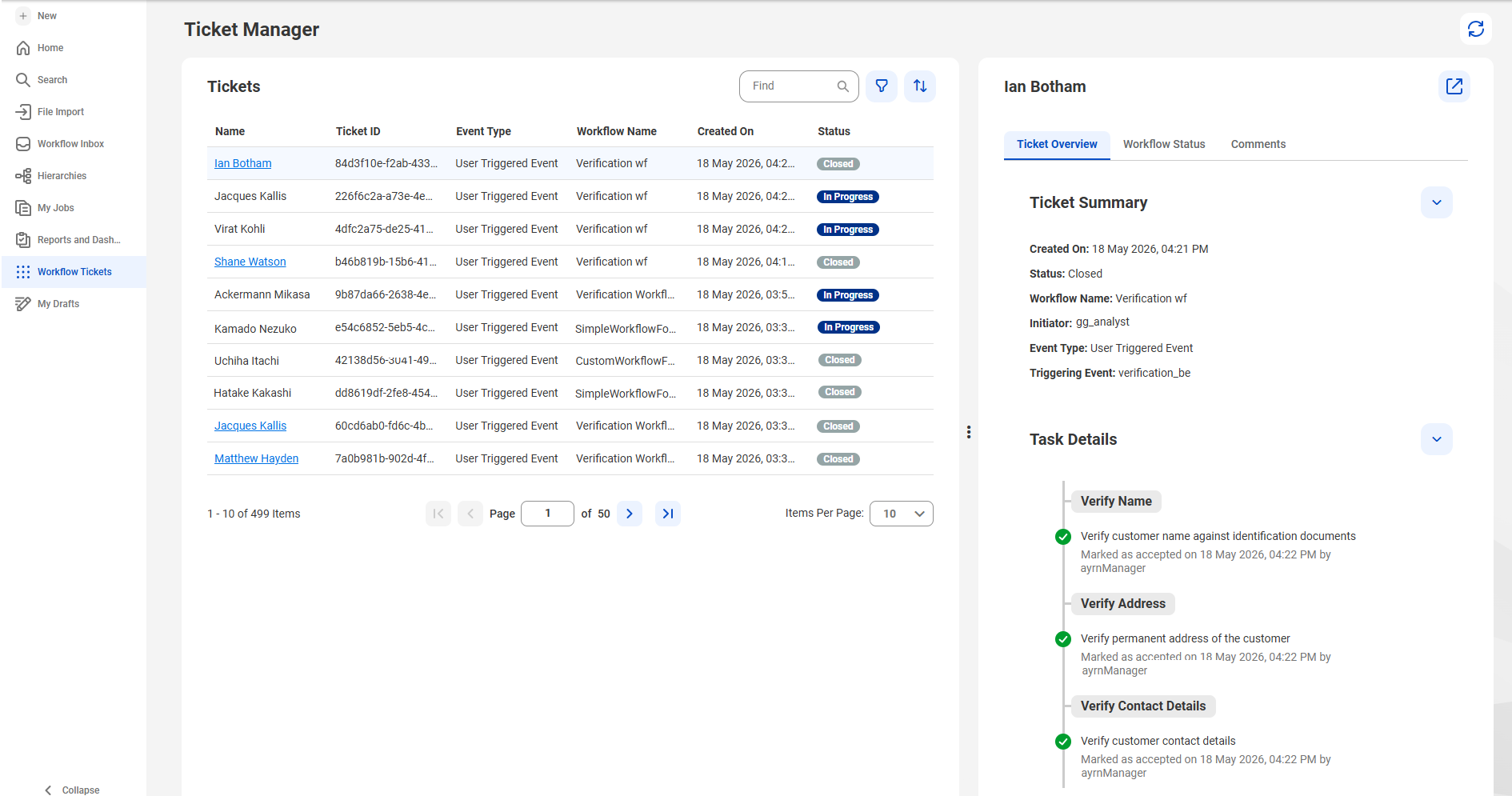 The image shows the Ticket Manager for viewing and tracking workflow tickets. It features a table listing tickets with columns for name, ticket ID, event type, workflow name, created date, and status. The right panel displays the selected ticket's summary, including creation date, status, workflow name, initiator, event type, and triggering event, along with a Task Details section showing completed tasks with timestamps.