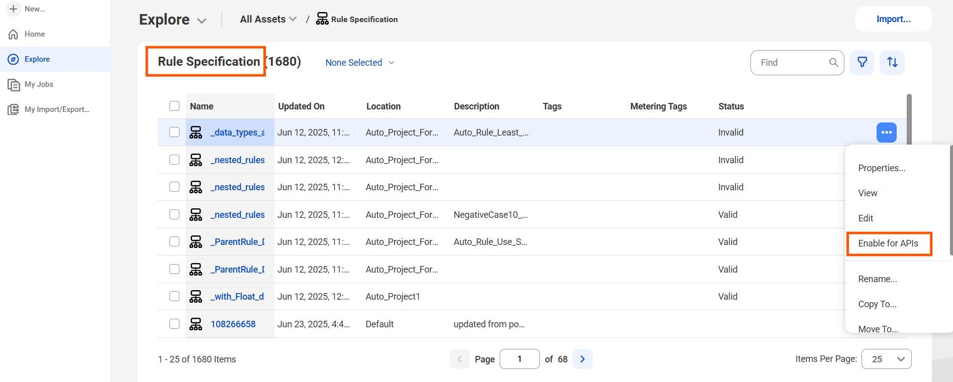 You see the Enable for APIs option in a rule specification asset.
