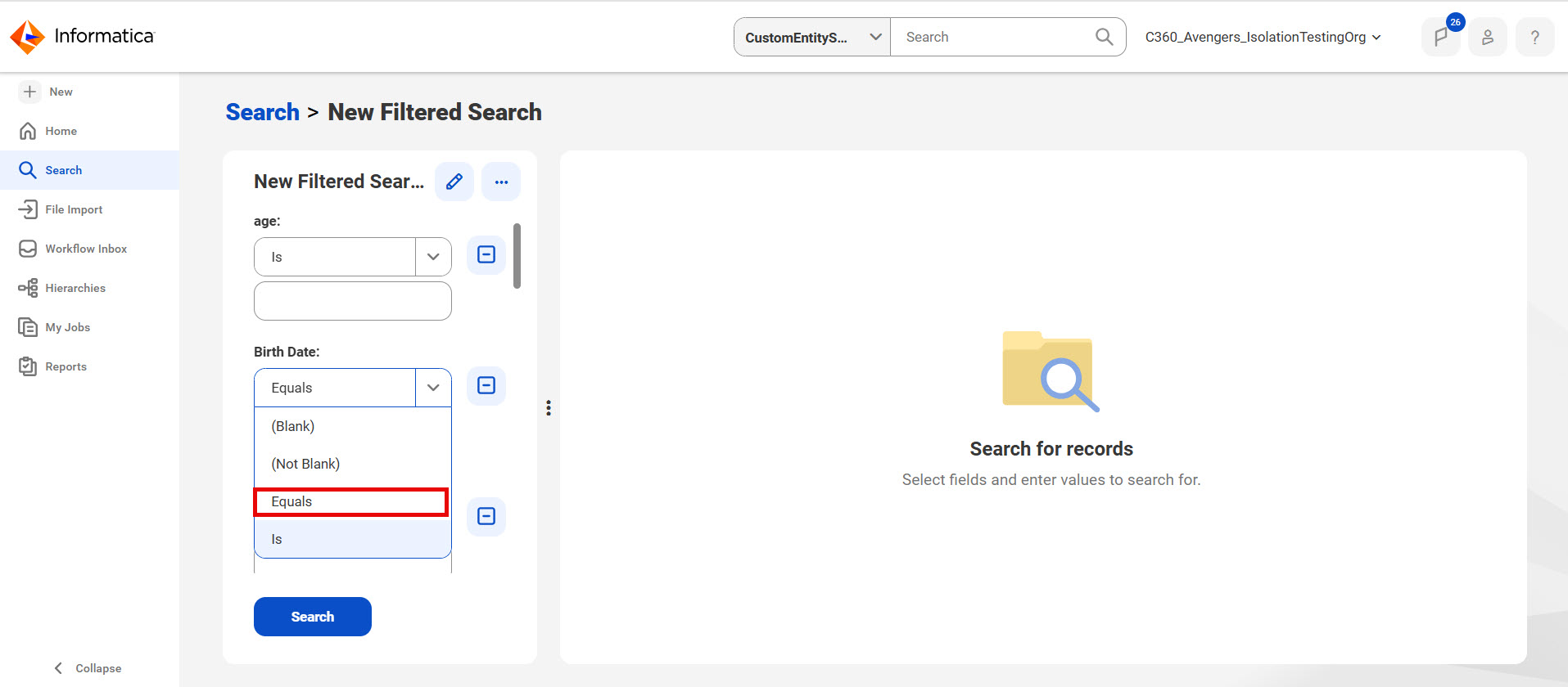 The date field in the filtered search displays the filter values.