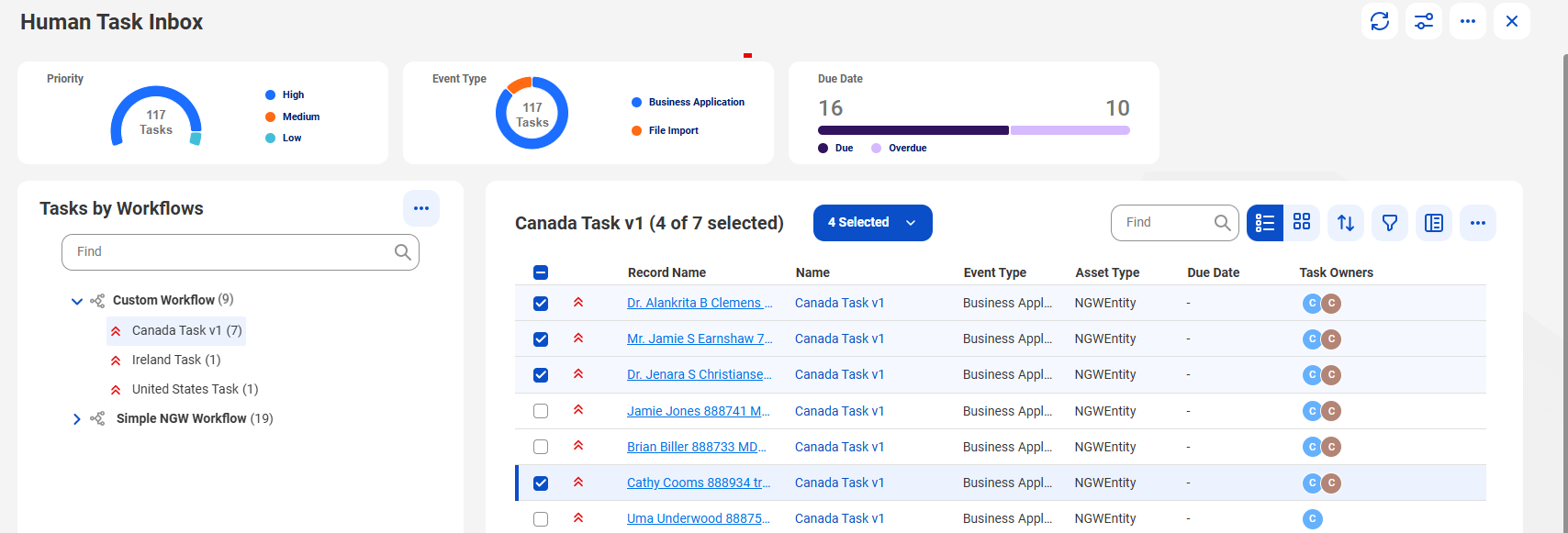 The task inbox for managing tasks. It features charts categorizing tasks by priority, event type, and due date. The Tasks by Workflows section lists workflow names with task counts, while the main table displays task names, record names, sorting options, and a search bar and icons for filtering and layout adjustments.