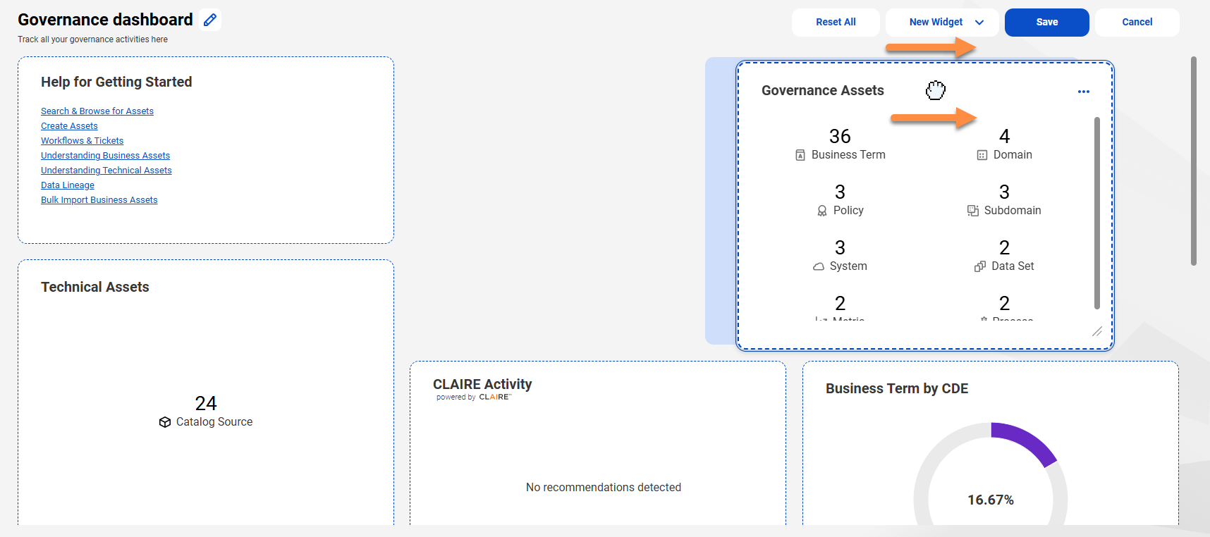 A dashboard is being edited. An enlarged widget is dragged across the dashboard. Arrows point to where the widget is being dragged.