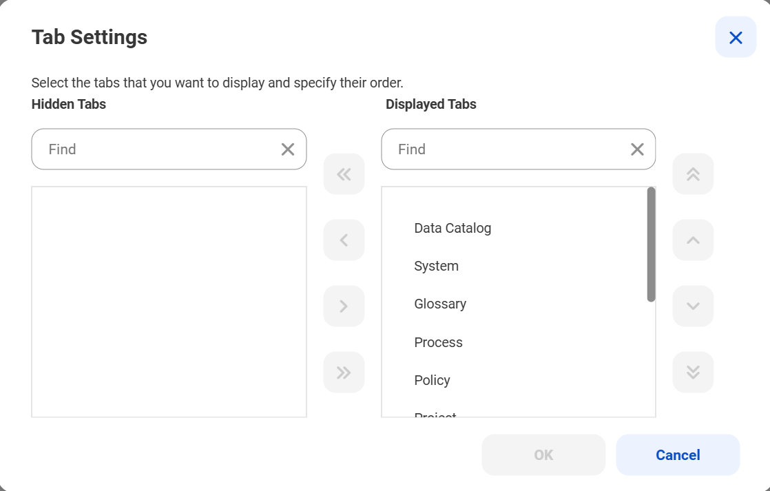 Image depicting the Tab Settings dialog box where you can configure asset tabs on the Browse page.