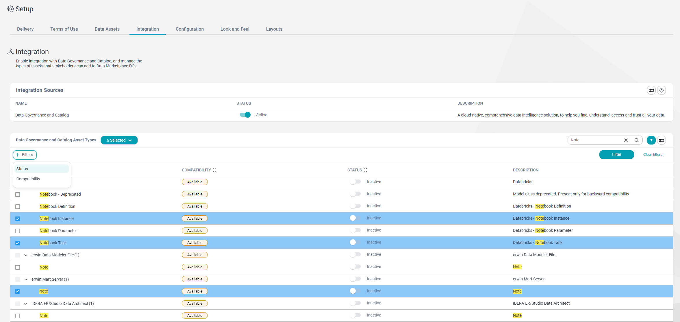 The Integration tab on the Setup Page. The integration source is active and mulitple activities are being performed on the in the Data Governance and Catalog Asset Type grid.