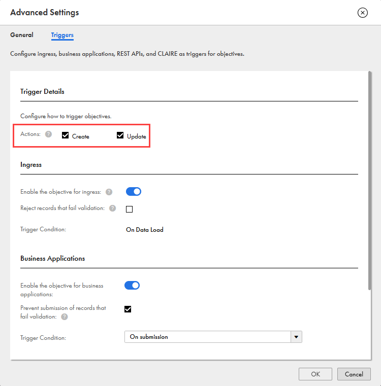 The Advanced Settings dialog box shows the Triggers tab where the Create and Update actions are selected.