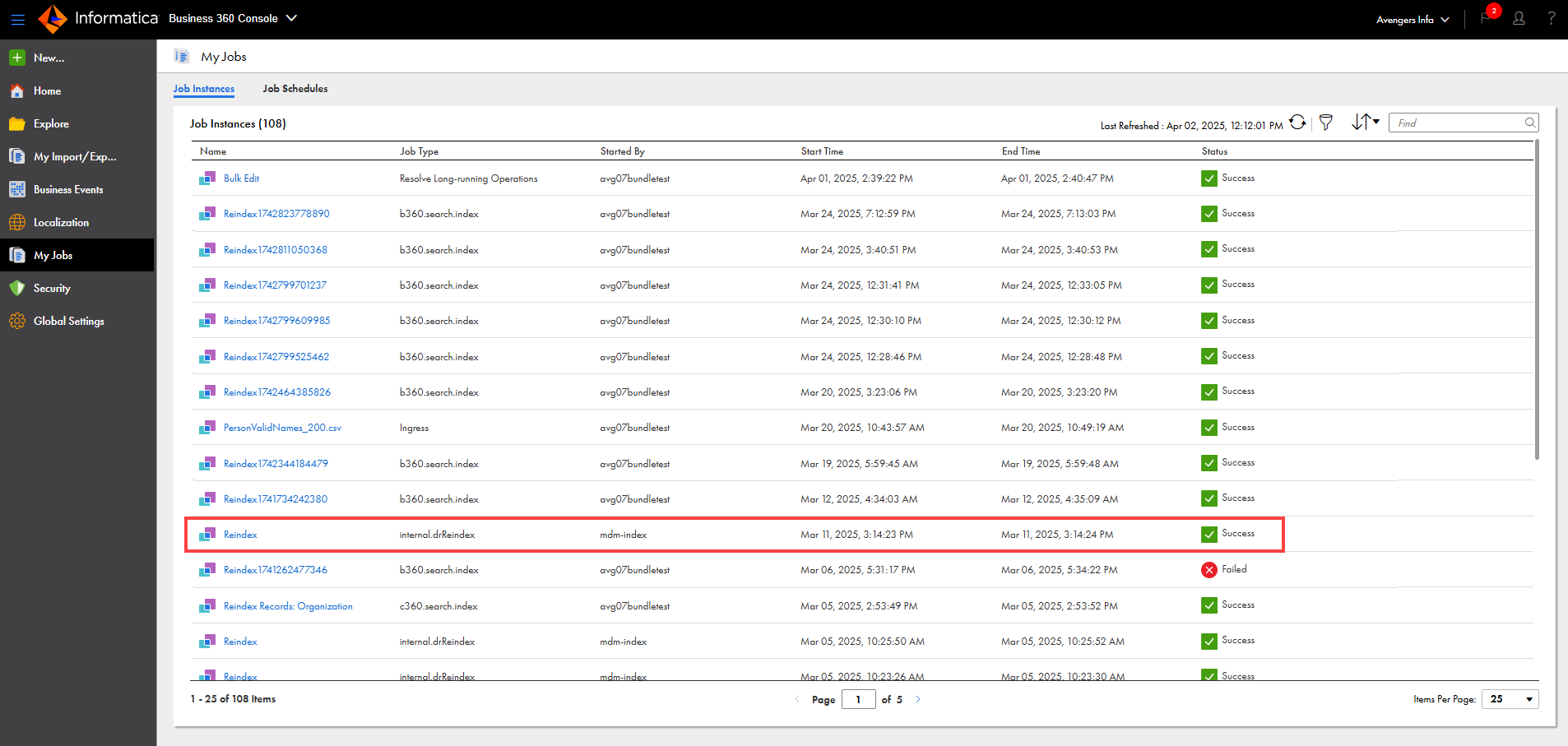 The My Jobs page shows a sample internal reindex job that MDM SaaS runs to reindex records in business entities.