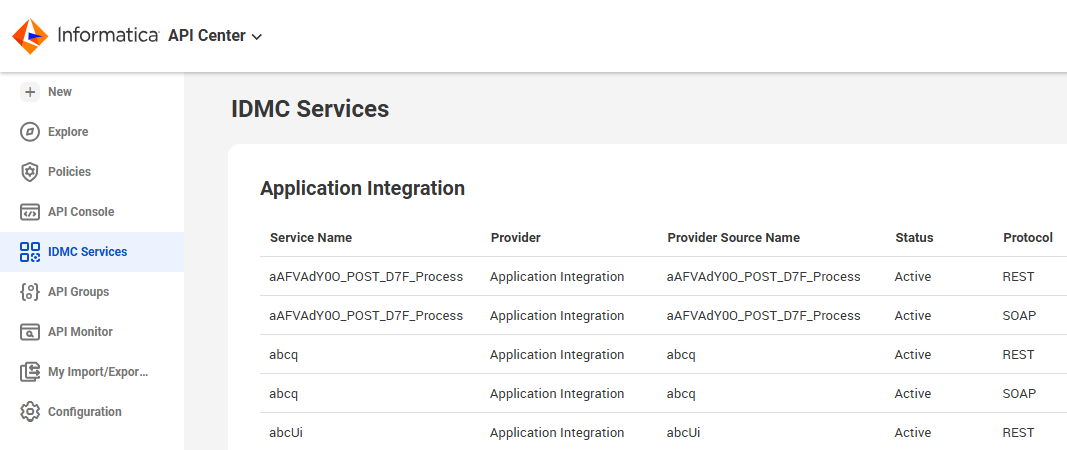 New location of the IDMC Services tab in the API Center services page.