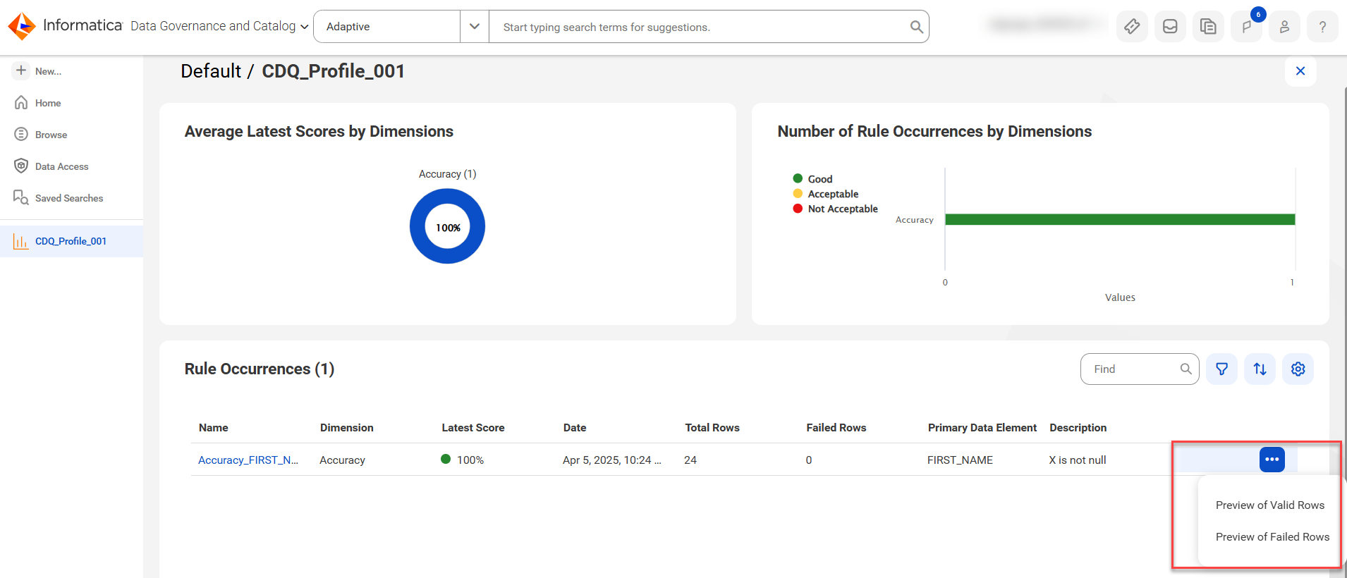 The image depicts the data preview pane in a data quality rule occurrence generated through scorecard.