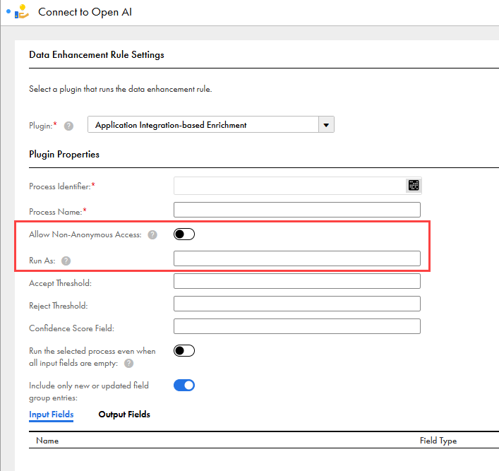 The Data Enhancement Rule Settings page shows the highlighted plugin properties, such as the Allow process with non-anonymous access and Run as User.