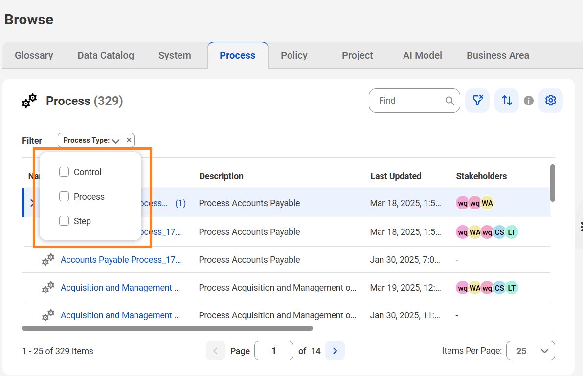 Image depicting the search for the process asset type.