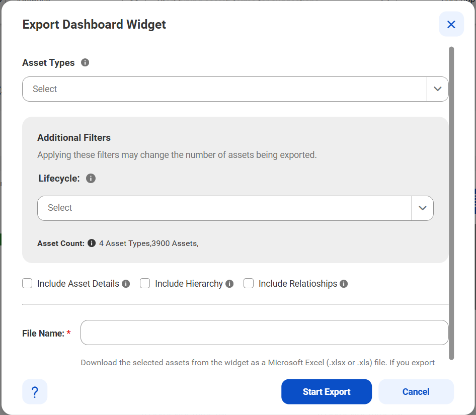 Image depicting the Export Dashboard Widget dialog box.