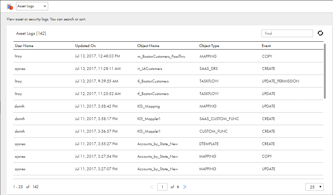 The asset log shows the date and time that the assets in the organization were created, copied, updated, or had permission changes. The user that triggered each event is listed in the first column. To switch to the security log, select “Security Logs” from the drop-down menu at the top of the page.