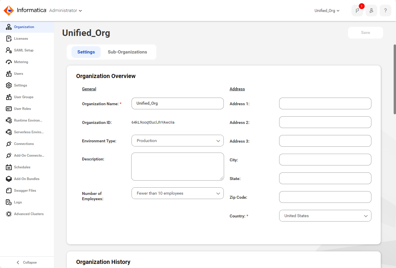 The Organization page displays details about the organization that include the name and address properties, authentication properties, and Data Integration service properties.