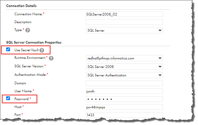 The image shows the connection details for a SQL Server connection. In the SQL Server Connection properties area, the Use Secret Vault checkbox is checked. The checkbox next to the Password field is also checked and the Password field contains a series of dots.