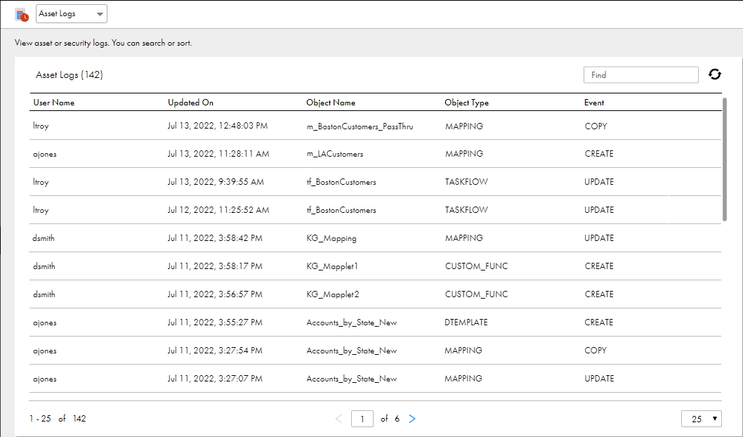 The asset log shows the date and time that the assets in the organization were created, copied, or updated. The user that triggered each event is listed in the first column. To switch to the security log, select “Security Logs” from the drop-down menu at the top of the page.