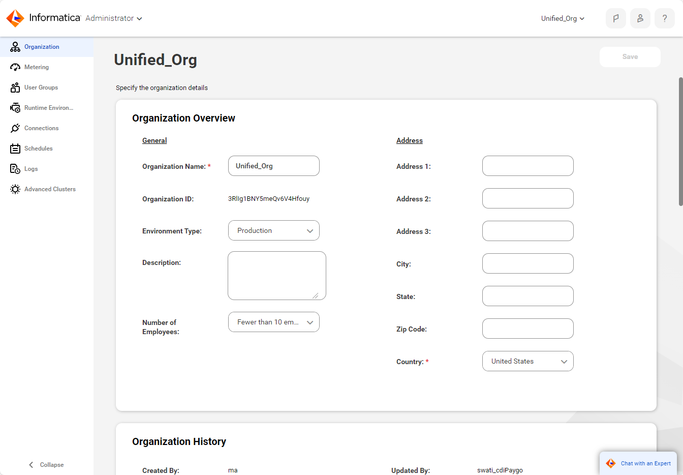The Organization page displays details about the organization that include the name and address properties, authentication properties, and Data Integration service properties.