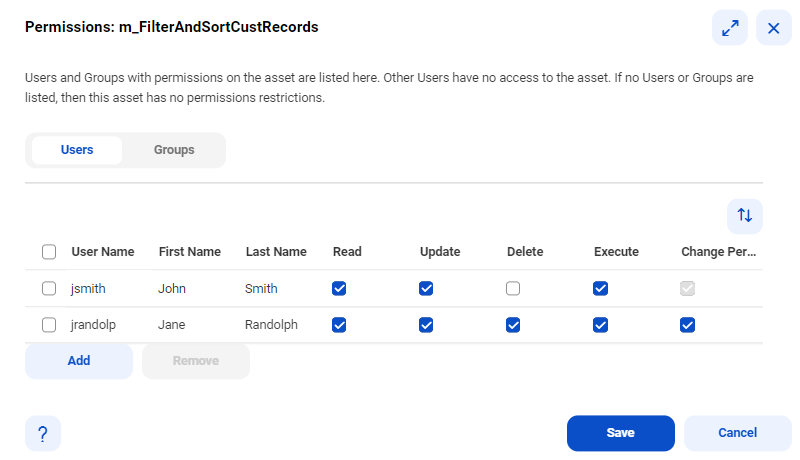 The Permissions dialog box lists the users and groups that have permissions on the object. Users and groups not listed have no permissions on the object. However, if the dialog box lists no users or groups, then there are no permission restrictions on the object.