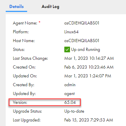 The Details tab of a Secure Agent, with the version number field highlighted.