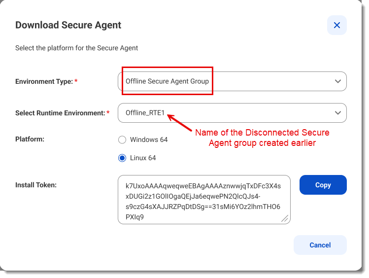 The Download Secure Agent dialog box has drop-down menus that allow you to select the environment type and the Secure Agent group.