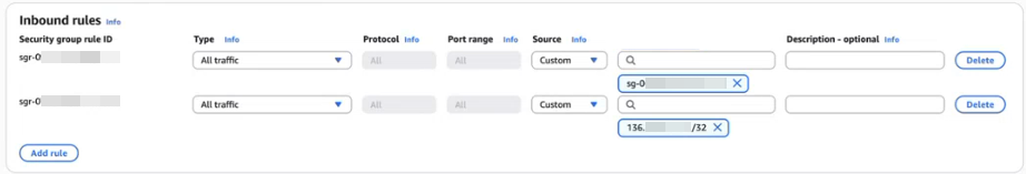 The inbound rules in the AWS Management Console include a rule that allows all traffic from the same security group and a rule that allows all traffic from the local machine.