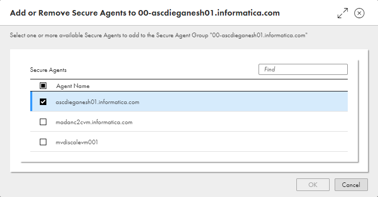 A dialog box showing the agents in a Secure Agent group. Select a check box to add an agent. Clear the check box to remove an agent.