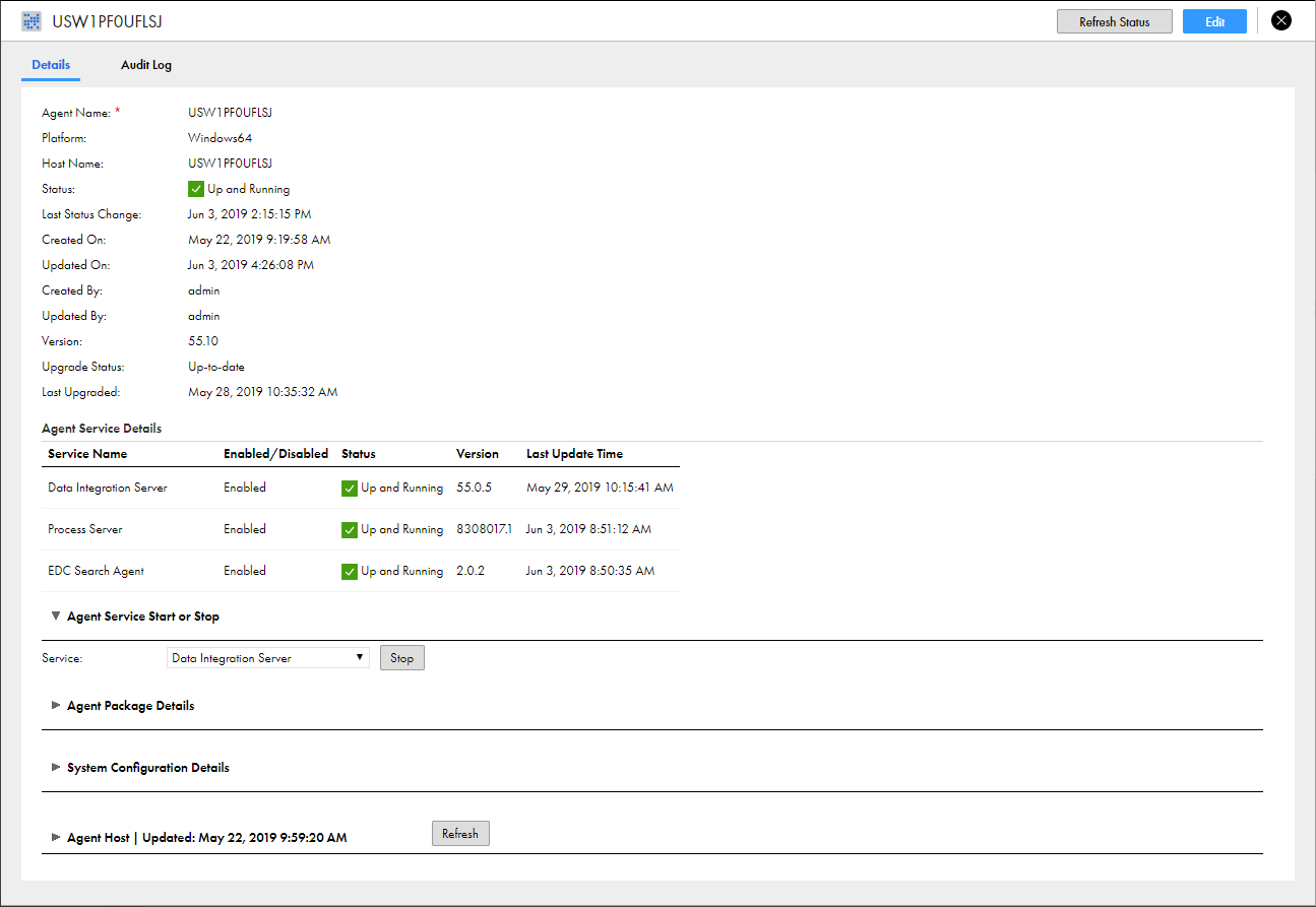 The agent details page displays agent details, agent service details, package details, configuration properties, and information about the agent host. You can start and stop services and change the configuration details on this page.