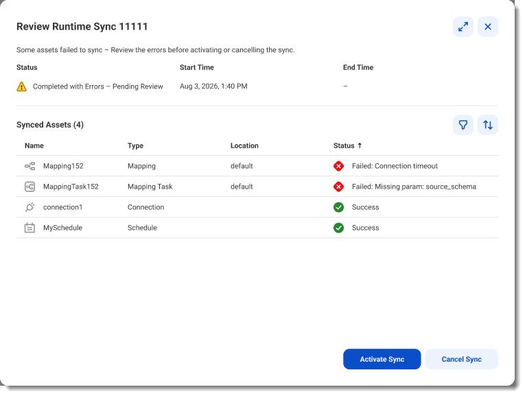 The review pane includes a Status area that shows that Runtime Sync 11111 completed with errors.