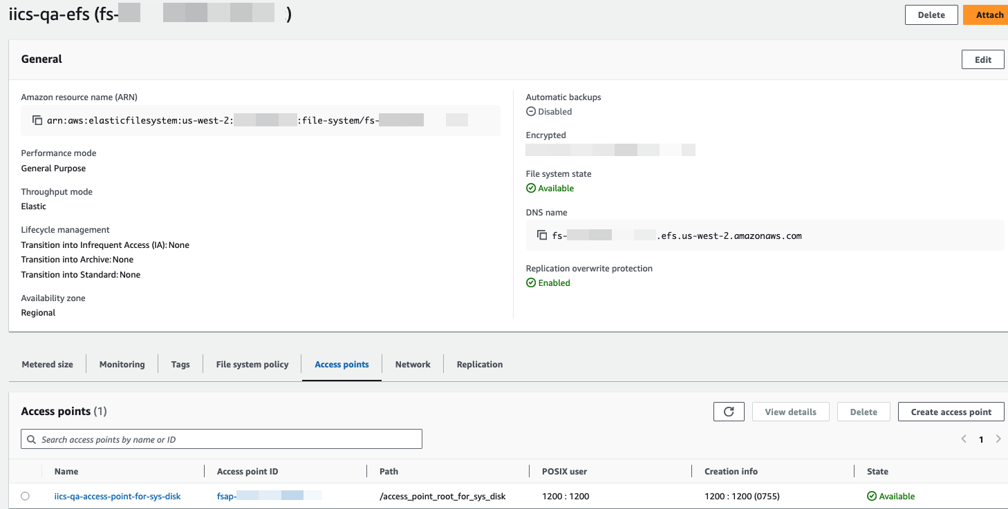 An EFS file system in the AWS Management Console has an access point configured with a POSIX user UID of 1200, a GID of 1200, and permissions set to 0755.