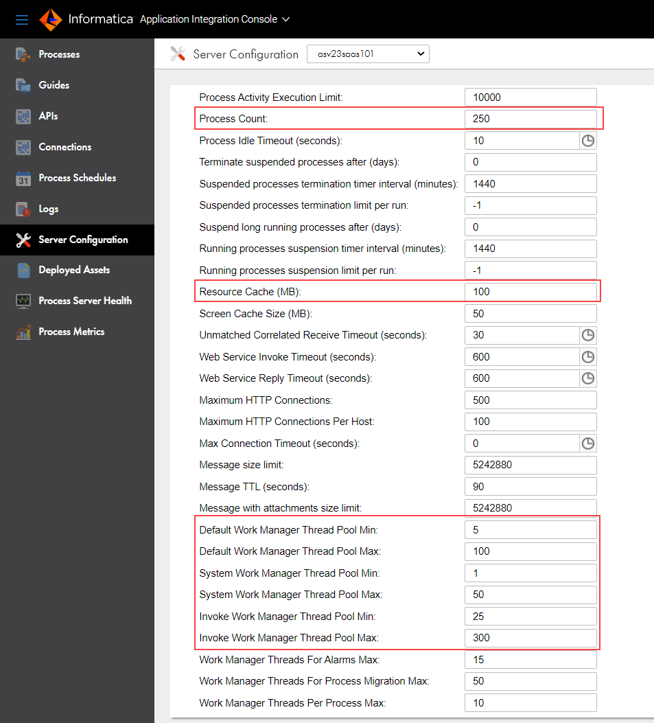 This image shows the server configuration properties in Application Integration Console.