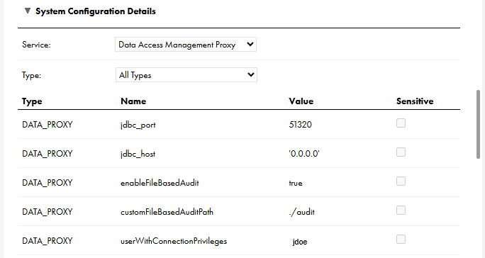 The image shows the Data Access Management Proxy service properties. When you view or edit a Secure Agent and select the Data Access Management Proxy, the Data Access Management Proxy properties appear in the System Configuration Details area. In this image, the service type is set to "All Types," and several JDBC, file, and user properties display.