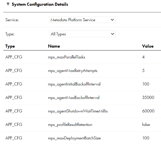 The image shows the Metadata Platform Service properties.