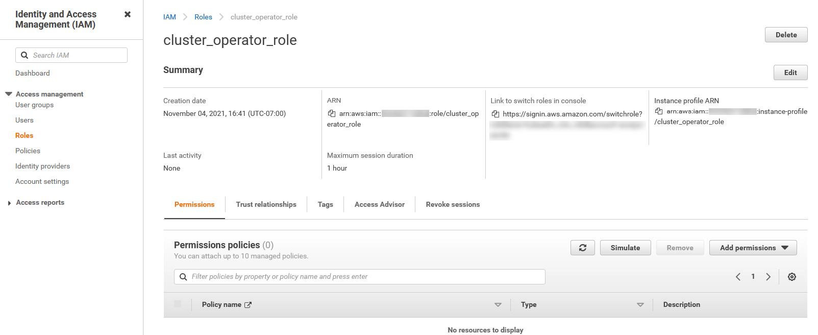 The AWS Management Console is signed in to the Identity and Access Management (IAM) service. Under Access management, the Roles tab is selected. The summary for the cluster operator role is open.