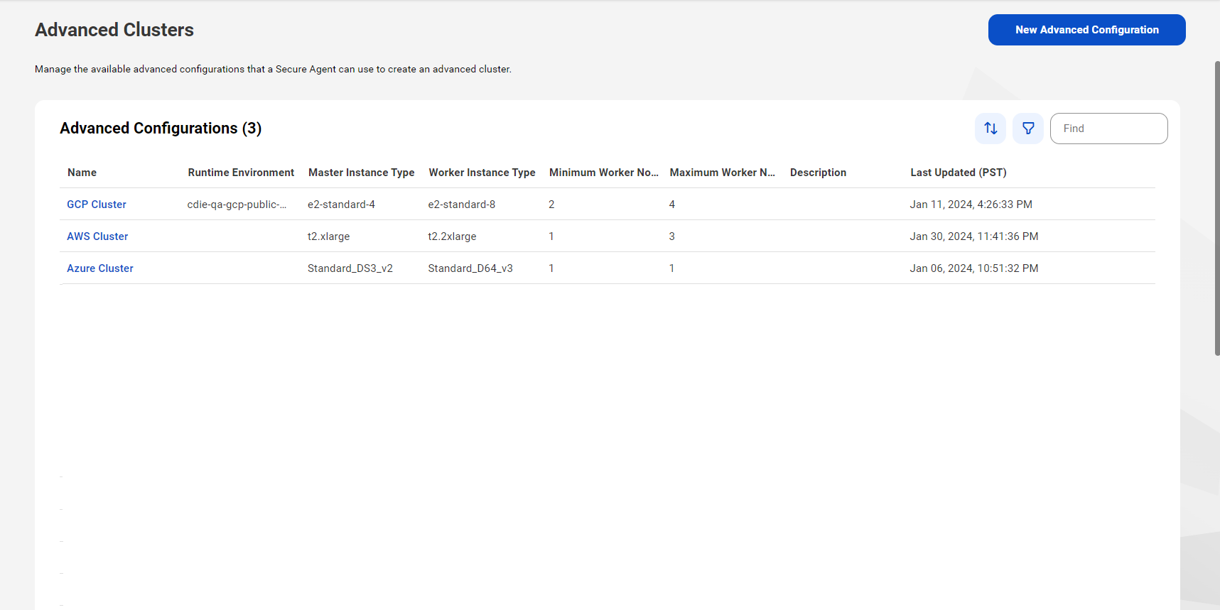 The Advanced Clusters page shows all advanced configurations that can be used to create an advanced cluster. You can view summary details for each advanced configuration, including the runtime environment, master and worker instance types, minimum and maximum worker nodes, the description, and the last updated date and time.