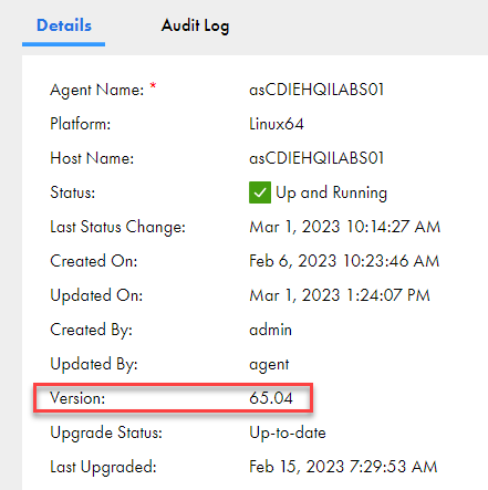 バージョン番号フィールドがハイライト表示された、Secure Agentの［詳細］タブ。