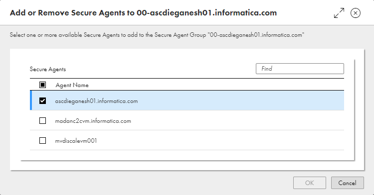 Secure Agentグループ内のエージェントを示すダイアログボックス。エージェントを追加するには、チェックボックスをオンにします。エージェントを削除するには、チェックボックスをオフにします。
