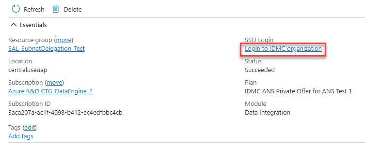 ［IDMC組織にログイン］リンクがハイライトされた、Azureのリソースダッシュボード。