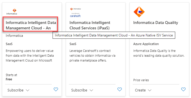 Azure MarketplaceでハイライトされたInformaticaプラン。［Informatica Intelligent Data Management Cloud - Azure Native ISV Service］という名前の正しいプランが赤い枠で囲まれています。