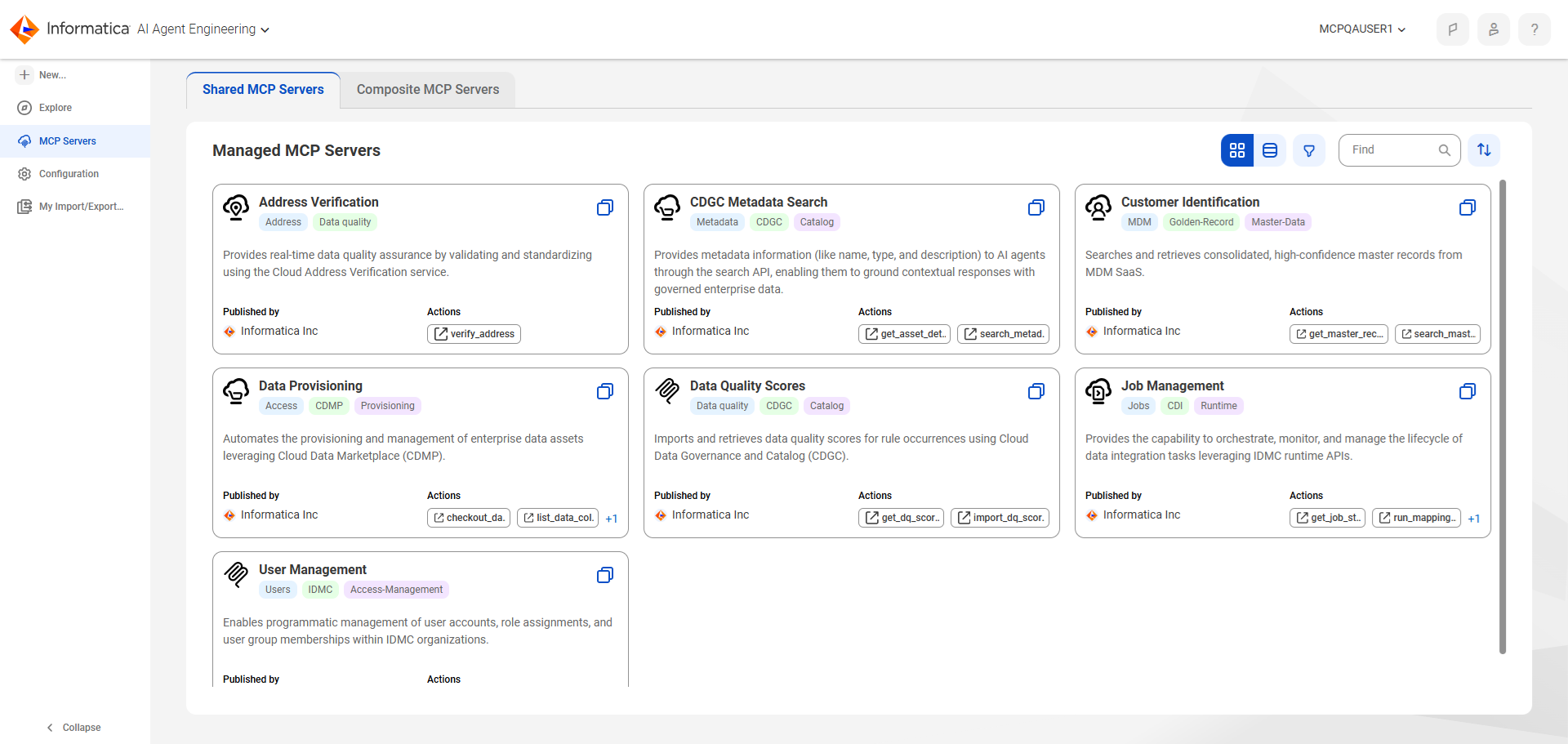 The Shared MCP Servers tab of the MCP Servers page contains the following MCP servers: Address Verification, CDGC Metadata Search, Customer Identification, Data Provisioning, and Job Management.
