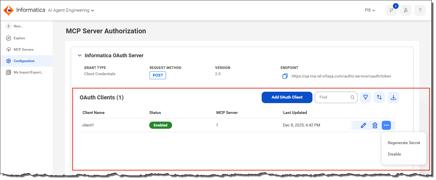 The MCP Server Authorization page lists the OAuth clients associated with the server. There is a button for adding an OAuth client, a search box, and controls to filter, sort, and download the list of clients. For each client, the client name, status, MCP servers, and last update date are displayed. You can edit, delete, regenerate secrets, and disable each OAuth client.