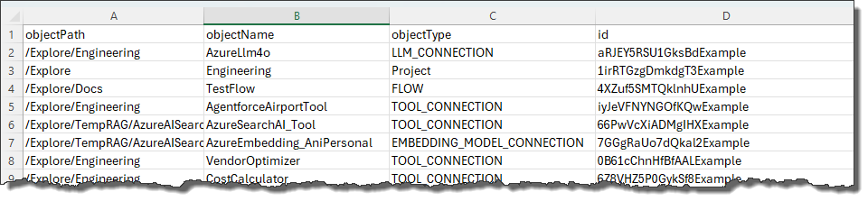 Each row in the export file lists an object being exported. For each asset, the export file lists the object's path, name, type, and ID.