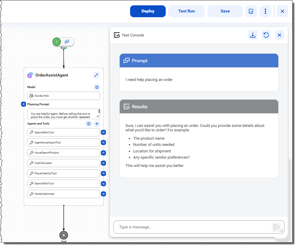 The image shows an open test console next to an agent block in the agent flow canvas. The test console contains a user-entered prompt below the "Prompt" heading and the response from the AI agent below the "Results" heading.