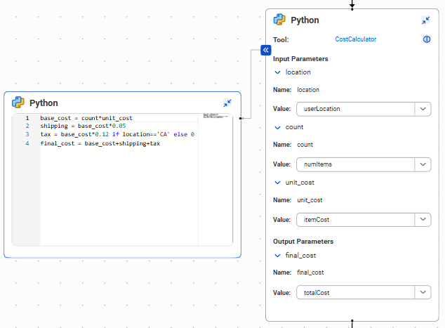 The Python block contains fields for the input and output parameters. In this image, the value of each parameter is set to a workflow variable. The Python block is expanded to show the Python code.
