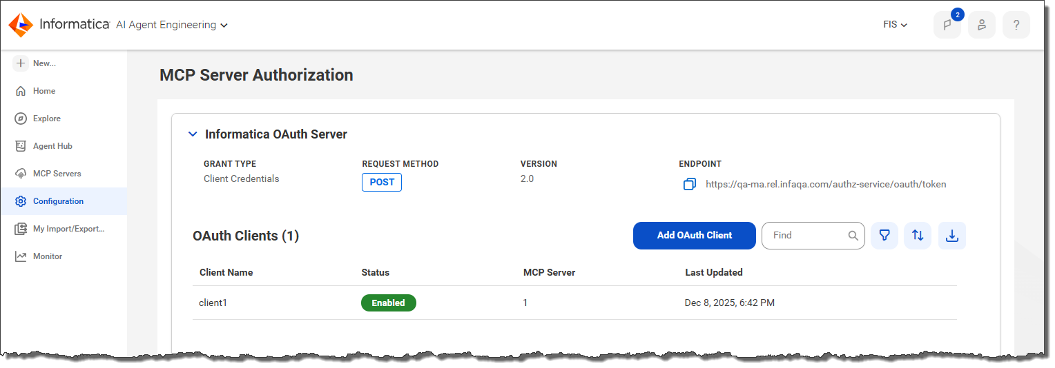 The OAuth server information appears at the top of the MCP Server Authorization page. It includes the grant type, request method, OAuth version, and server endpoint URL. Each OAuth client associated with the server is also listed on the page.