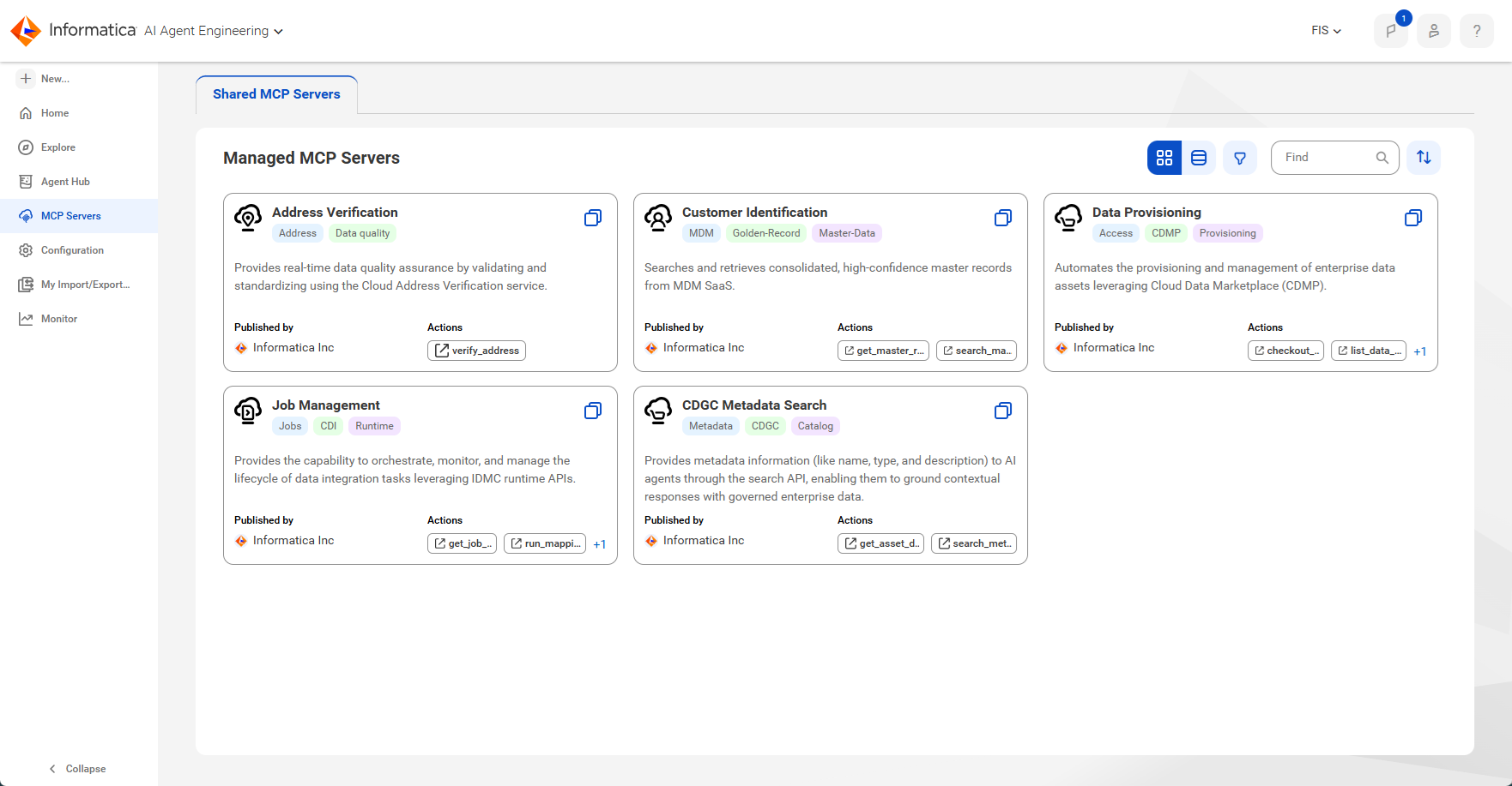 The Shared MCP Servers tab of the MCP Servers page contains the following MCP servers: Address Verification, CDGC Metadata Search, Customer Identification, Data Provisioning, and Job Management.