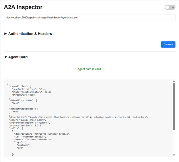 The image shows the GitHub A2A Inspector. The agent card URL appears at the top of the screen below the heading "A2A Inspector." The Agent Card section is expanded to show the agent card. At the top of the Agent Card section, the message "Agent card is valid" is displayed.