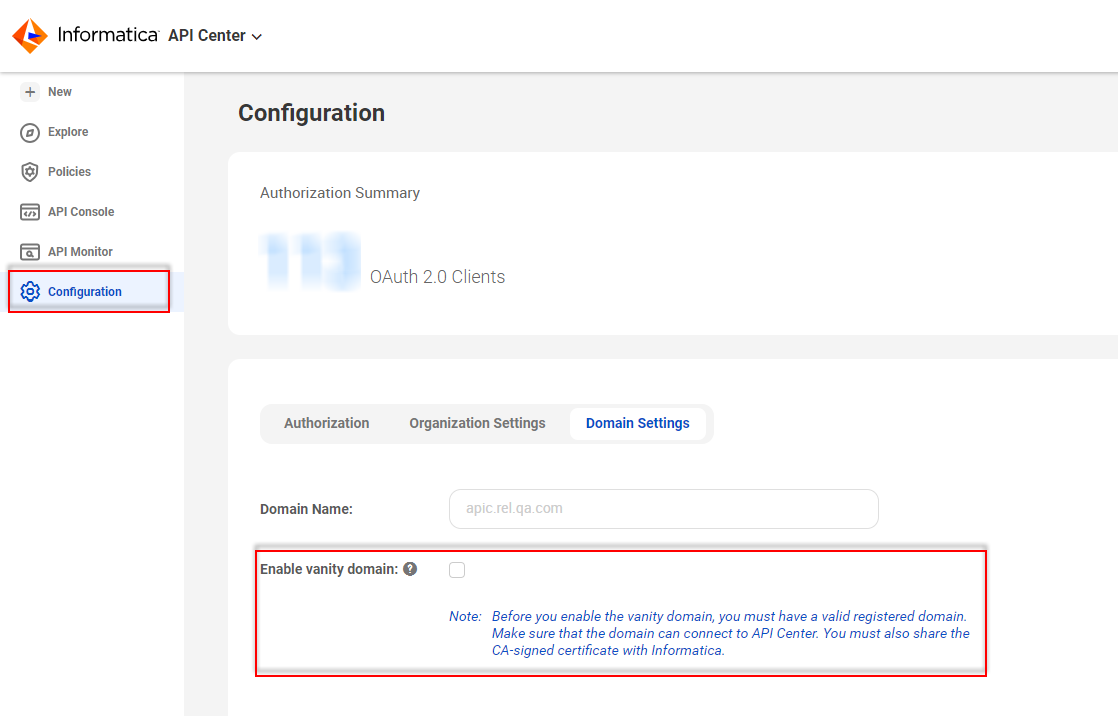 Option to enable vanity domain in API Center.