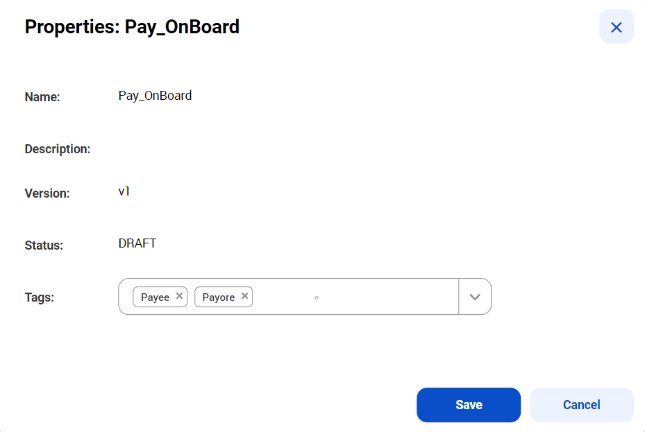 The Properties dialog box shows the asset name as Pay_OnBoard. It includes the description, version, status, and a list of tags associated with the asset. The bottom of the box contains the Save and Cancel buttons.